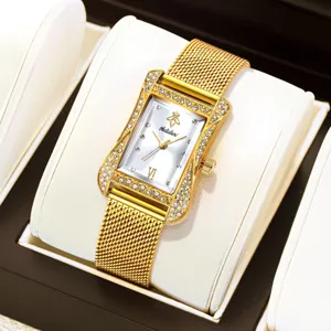 Luxury gold rectangular women quartz watch with glittering rhinestones and mesh stainless steel band.