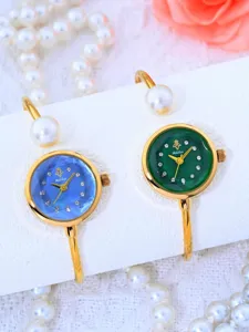 Elegante set di orologi rigidi in perla da donna con quadranti blu e verdi, regalo di lusso.
