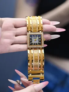 Luxus goldene Strass quadratische Damen Uhr mit breitem diamantbesetzten Armband Armbanduhr