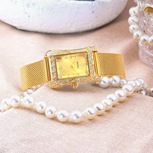 Gold quartz women watch elegant rhinestone square dial mesh strap luxury fashion timepiece