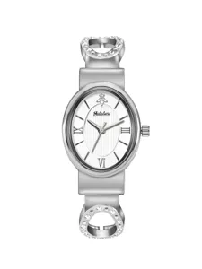 Elegant silver women quartz watch with oval dial roman numerals and crystal rhinestone strap.