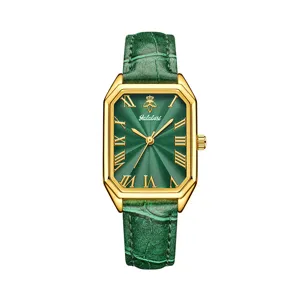 Reloj de mujer de lujo esfera verde caja cuadrada dorada y correa de cuero vintage