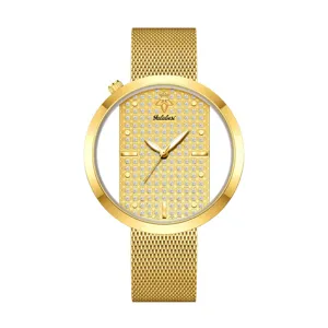 Gold mesh strap quartz women's watch with hollow dial design, elegant fashion timepiece.