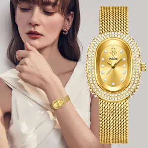 Reloj de Cuarzo de Lujo con Estrás Ovalado para Mujer Pulsera de Malla de Acero Inoxidable Reloj Casual de Moda