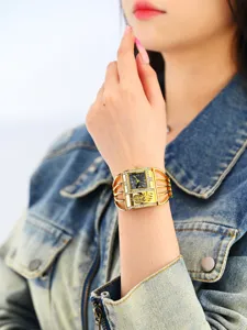Mujer oro jaula pulsera reloj diamantes imitacion esfera cuadrada moda lujo cuarzo