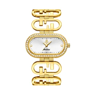 Gold quartz women watch with rhinestone oval dial and unique logo link bracelet stylish.