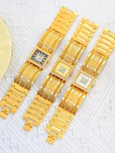 Luxus goldene quadratische Damen Armbanduhr mit Strass Zifferblatt und edlem Metallarmband.