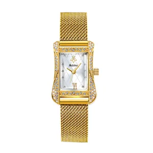 Elegant gold rectangular quartz watch for women with sparkling rhinestone bezel and mesh strap.
