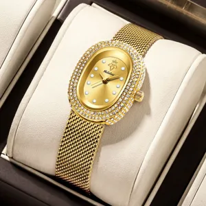Lujo elegante reloj mujer oro ovalado diamantes cristal correa malla milanesa cuarzo