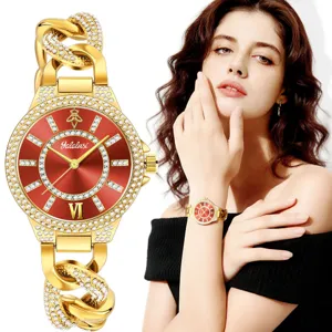 Reloj de cuarzo mujer lujo dorado con diamantes esfera roja y pulsera de cadena.