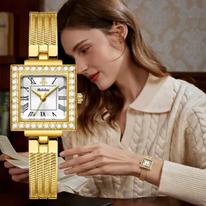 Women Quartz Watch Retro Square Rhinestone Inlaid Alloy Shell Metal Mesh Band Elegant Ladies Wristwatch