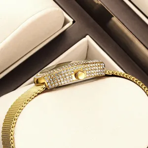 Reloj mujer pedrería oro elegante rectangular curvo correa malla lujo moda chic