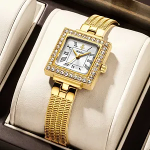 Luxury gold square rhinestone women's quartz watch with elegant mesh bracelet dial.