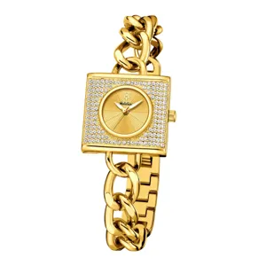 Lujo reloj de mujer cuadrado de estrass dorado con correa de cadena elegante cuarzo vista principal