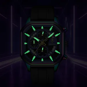 Reloj cronógrafo multifunción luminoso para hombre con caja colorida y correa de goma.