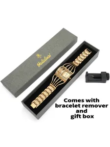 Pulsera dorada tipo jaula con bisel de pedreria, caja de regalo y herramienta quitacorreas.