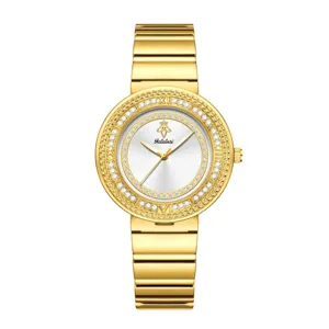 Montre quartz femme or de luxe avec lunette diamant cristal et cadran argenté montre élégante