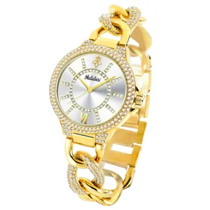 Reloj de cuarzo dorado de lujo para mujer con correa de cadena de diamantes de imitación.