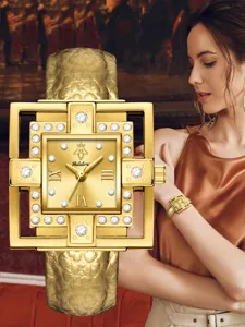 Yalalusi women luxury square quartz watch with rhinestones, golden bracelet strap detail.