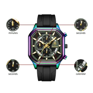 Reloj de pulsera para hombre multifunción cuadrado con bisel arcoíris y correa de goma negra