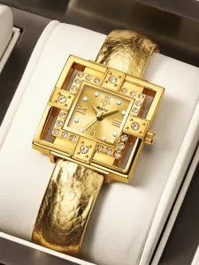 Luxury gold square quartz women watch with rhinestones, textured strap and elegant dial.
