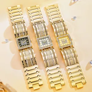 Luxus goldene quadratische Damen Armbanduhr mit Diamant Armband elegante modische Uhr