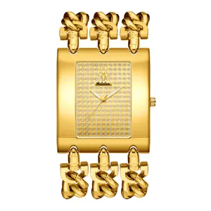 Yalalusi Gold Strass Zifferblatt Quarzuhr mit doppelter Kette Hauptansicht Damen.