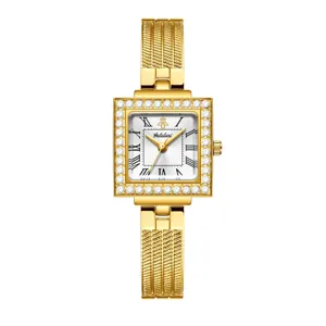 Women's square rhinestone quartz watch with gold-plated metal mesh strap and white dial.