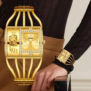Lujoso reloj de pulsera tipo jaula dorada para mujer, elegante esfera cuadrada con strass.