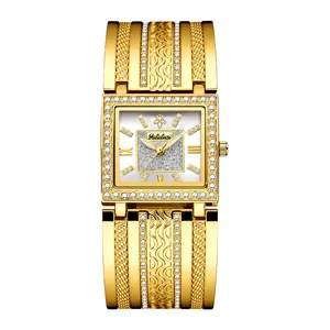 Luxuriöse goldene Damen-Quarz-Uhr im quadratischen Design mit funkelnden Strasssteinen.