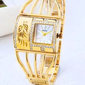 Yalalusi reloj mujer oro pulsera rigida con pedreria esfera cuadrada cuarzo moda elegante