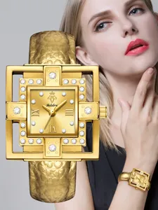 Gold square rhinestone bracelet quartz watch for women, elegant luxury fashion timepiece.