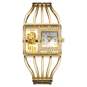 Reloj de pulsera dorado Yalalusi para mujer, correa de jaula, esfera cuadrada con brillantes.