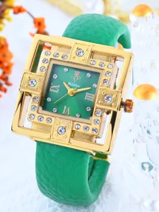 Yalalusi luxury green leather strap square rhinestone quartz watch for women detail view