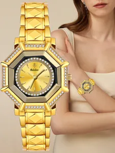 Luxury gold octagonal women watch with diamond bezel and metallic strap for elegant daily wear.