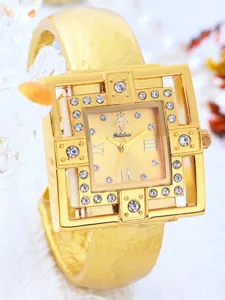 Yalalusi women gold square bangle quartz watch rhinestone luxury dress wristwatch