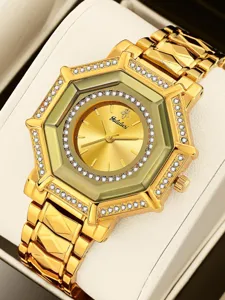 Luxury gold women watch with sparkling rhinestone octagonal bezel and metal chain strap.