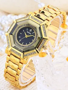 Gold octagonal rhinestone women's watch detail showing dial and sparkling crystal bezel.