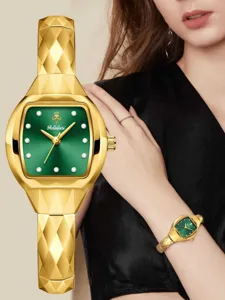 Luxury womens gold watch with green square dial faceted strap quartz fashion wristwatch