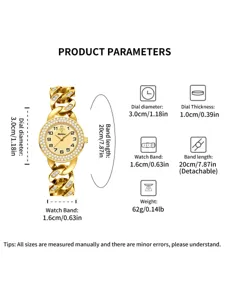 Jalalusi luxury diamond gold quartz watch detailed parameter specification chart showcasing size.