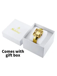 Gold geometric hollow women quartz watch detail view with stylish gift box packaging.