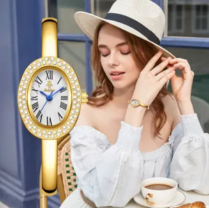 Gold oval bangle quartz watch for women with rhinestones, vintage Roman numeral dial style.