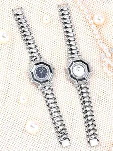Luxury diamond octagonal women quartz watch set with elegant chain strap and dual dials.