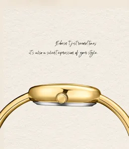 Detail view of the elegant gold oval watch bezel, showing polished metal and minimalist design.