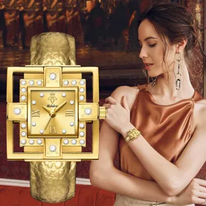 Luxury gold square quartz watch for women with sparkling rhinestones and leather strap