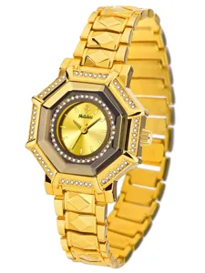 Gold tone luxury octagonal rhinestone women watch detail view shimmering crystal bezel