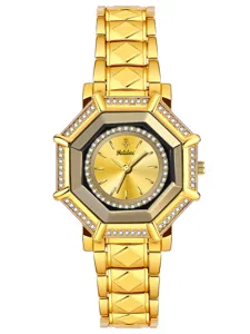Luxury gold women watch with octagonal diamond bezel and metallic chain strap elegant design.