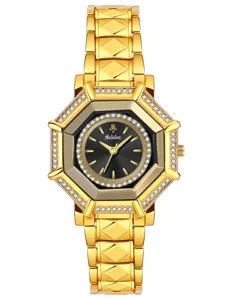 Luxury gold octagonal women watch detail featuring sparkling diamond bezel and black dial.