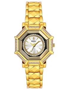 Luxury gold women watch with sparkling rhinestone octagonal bezel and elegant chain bracelet.