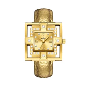Luxury gold square women quartz watch with crystal bezel and textured leather strap